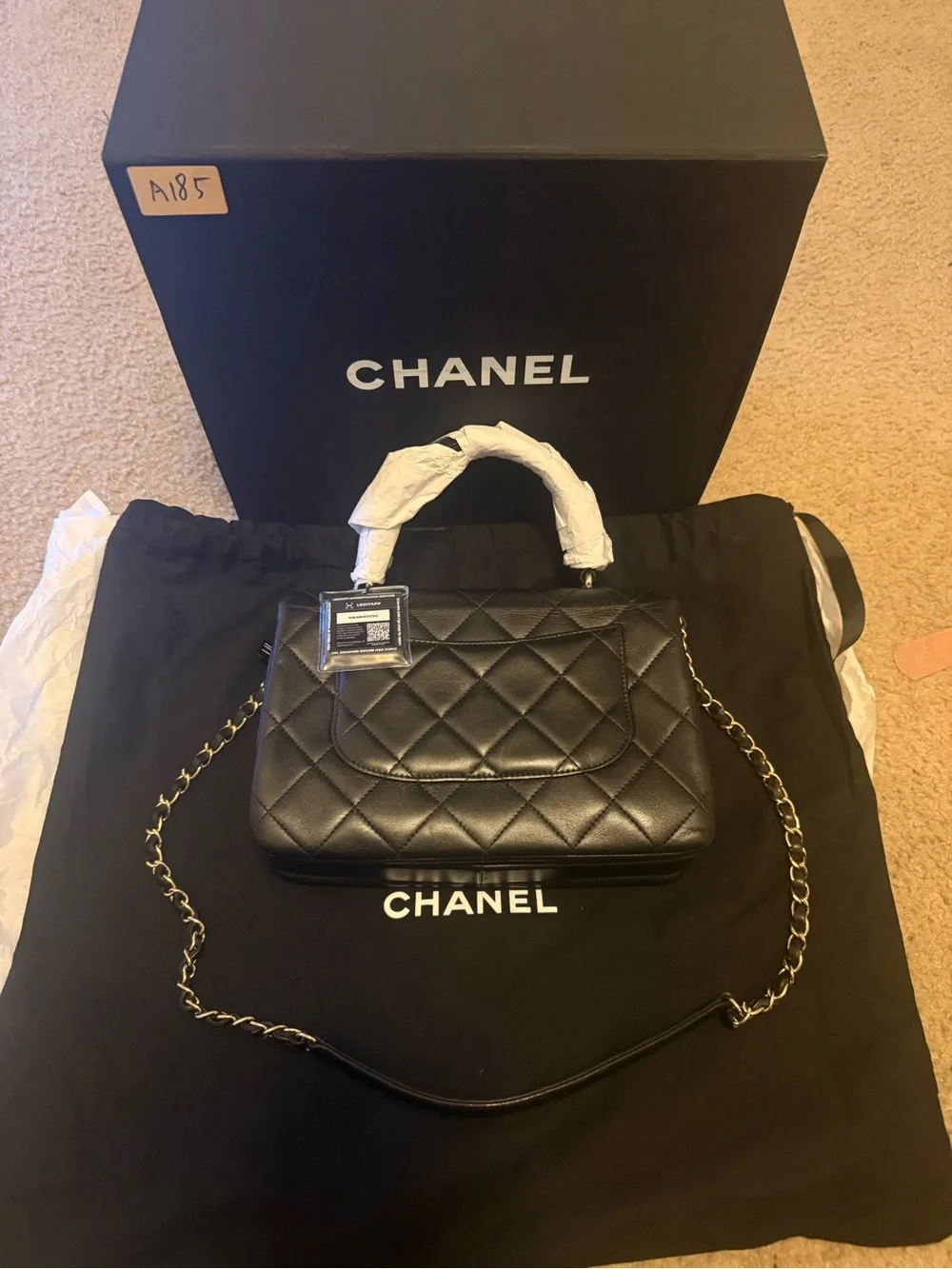 New CHANEL Black Quilted Leather Mini Top Handle Bag with Gold Hardware